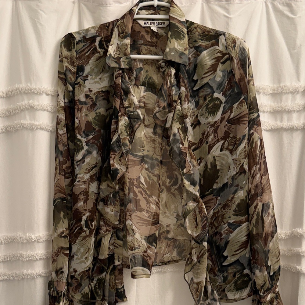 Walter Baker Sheer Ruffle Blouse in Olive, Brown, Gray